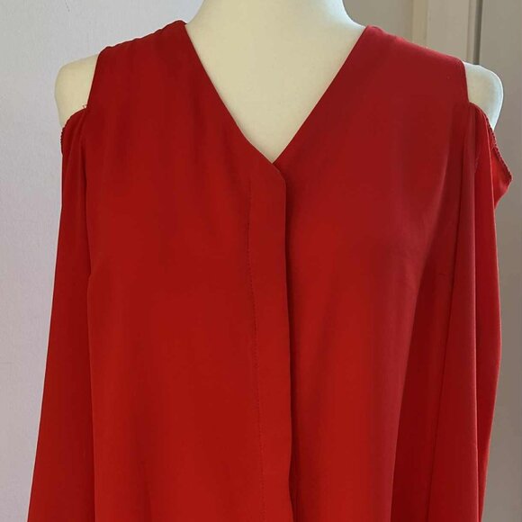 Joseph Ribkoff Vibrant Red Chiffon Cold-Shoulder V-Neck Blouse – US 4 - Picture 3 of 11